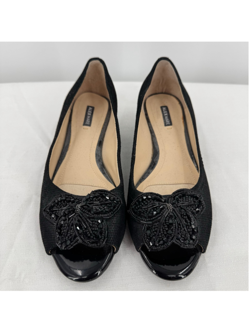 Alex Marie Black Low Wedge Shoes Leather Beaded Butterfly Peep Toe Wedge Heel 7